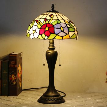 LongHuiJing 12Inch Tiffany Style Desk Lamp Floral Stained Glass Table Lamps Creative Bedroom Bedside Desk Light
