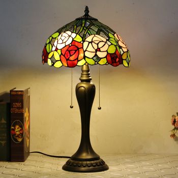 LongHuiJing 12Inch Tiffany Style Desk Lamp Vintage Stained Glass Table Lamps Creative Bedroom Bedside Desk Light