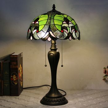 LongHuiJing 12Inch Tiffany Style Desk Lamp Green Elegant Stained Glass Table Lamps Creative Bedroom Bedside Desk Light