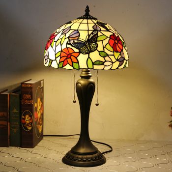 LongHuiJing 12Inch Tiffany Style Desk Lamp Butterfly Stained Glass Table Lamps Creative Bedroom Bedside Desk Light
