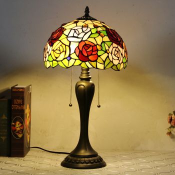 LongHuiJing 12Inch Tiffany Style Desk Lamp Rose Floral Stained Glass Table Lamps Creative Bedroom Bedside Desk Light