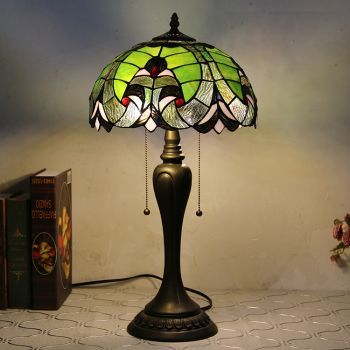 LongHuiJing 12Inch Tiffany Style Desk Lamp Green Elegant Stained Glass Table Lamps Creative Bedroom Bedside Desk Light