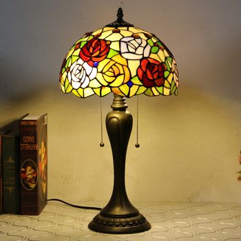 LongHuiJing 12Inch Tiffany Style Desk Lamp Rose Floral Stained Glass Table Lamps Creative Bedroom Bedside Desk Light