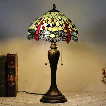 LongHuiJing 12Inch Tiffany Style Desk Lamp Red Dragonfly Stained Glass Table Lamps Creative Bedroom Bedside Desk Light
