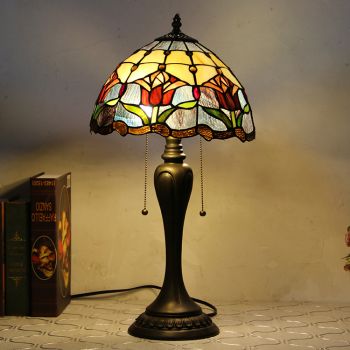 LongHuiJing 12Inch Tiffany Style Desk Lamp Red Tulip Stained Glass Table Lamps Creative Bedroom Bedside Desk Light