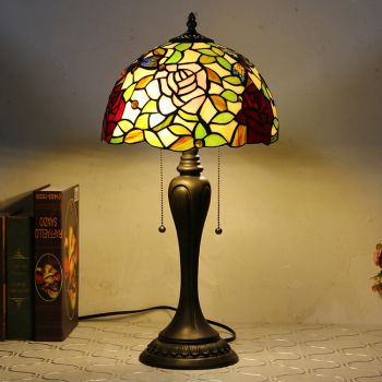 LongHuiJing 12Inch Tiffany Style Desk Lamp Elegant Flower Stained Glass Table Lamps Creative Bedroom Bedside Desk Light
