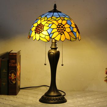 LongHuiJing 12Inch Tiffany Style Desk Lamp Blue Sunflower Stained Glass Table Lamps Creative Bedroom Bedside Desk Light