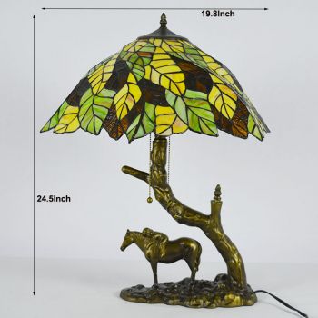LongHuiJing Stained Glass Table Lamp Tiffany Style Desk Light With 19.8Inch Leaf Lampshade With Horse Resin Base