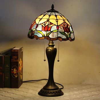 LongHuiJing 12Inch Tiffany Style Desk Lamp Red Tulip Stained Glass Table Lamps Creative Bedroom Bedside Desk Light