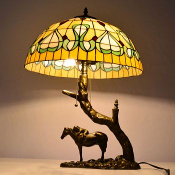 LongHuiJing Custom made Stained Glass Table Lamp Tiffany Style Desk Light With 16Inch Leaf Lampshade With Resin Base
