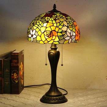 LongHuiJing 12Inch Tiffany Style Desk Lamp Yellow Flower Stained Glass Table Lamps Creative Bedroom Bedside Desk Light