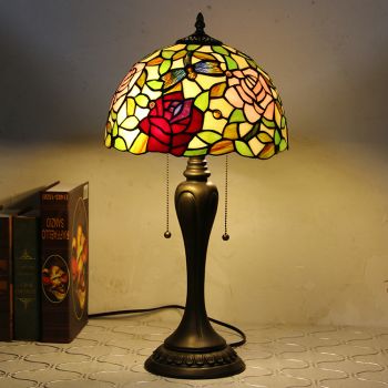 LongHuiJing 12Inch Tiffany Style Desk Lamp Elegant Flower Stained Glass Table Lamps Creative Bedroom Bedside Desk Light