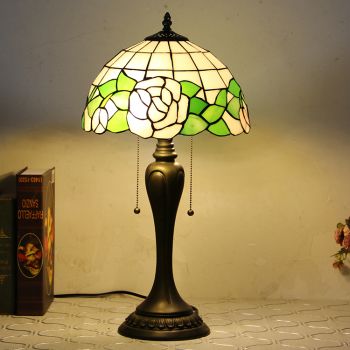 LongHuiJing 12Inch Tiffany Style Desk Lamp Pink Flower Stained Glass Table Lamps Creative Bedroom Bedside Desk Light