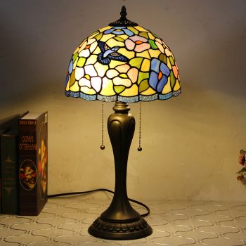 LongHuiJing 12Inch Tiffany Style Desk Lamp Birds Stained Glass Table Lamps Creative Bedroom Bedside Desk Light
