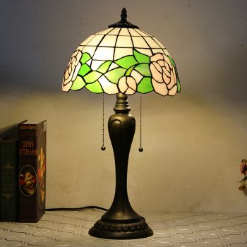 LongHuiJing 12Inch Tiffany Style Desk Lamp Pink Flower Stained Glass Table Lamps Creative Bedroom Bedside Desk Light
