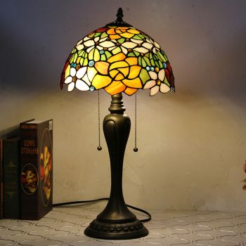 LongHuiJing 12Inch Tiffany Style Desk Lamp Rose Flower Stained Glass Table Lamps Creative Bedroom Bedside Desk Light