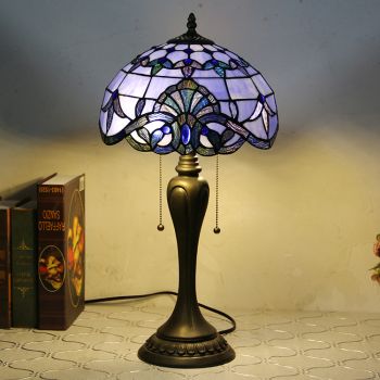 LongHuiJing 12Inch Tiffany Style Desk Lamp Blue Baroque Stained Glass Table Lamps Creative Bedroom Bedside Desk Light