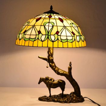 LongHuiJing Custom made Stained Glass Table Lamp Tiffany Style Desk Light With 16Inch Leaf Lampshade With Resin Base