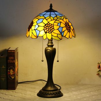 LongHuiJing 12Inch Tiffany Style Desk Lamp Blue Sunflower Stained Glass Table Lamps Creative Bedroom Bedside Desk Light