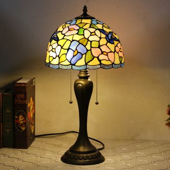 LongHuiJing 12Inch Tiffany Style Desk Lamp Birds Stained Glass Table Lamps Creative Bedroom Bedside Desk Light