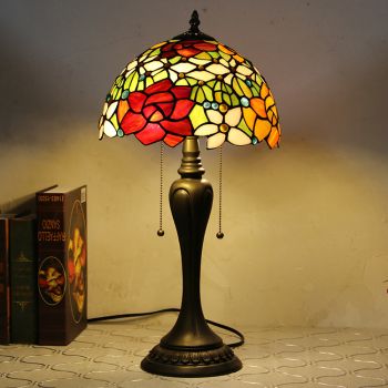 LongHuiJing 12Inch Tiffany Style Desk Lamp Rose Flower Stained Glass Table Lamps Creative Bedroom Bedside Desk Light