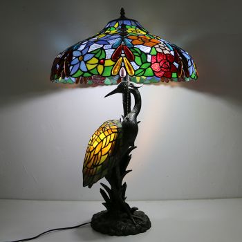 LongHuiJing Antique Reading Lamp 18Inch Tiffany Style Male Bird Desk Lamp Colourful Florist Glass Lampshade Lights