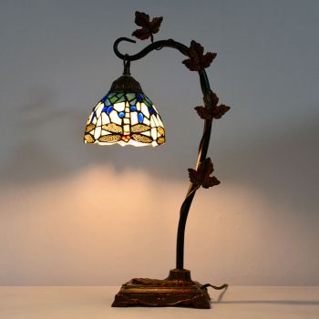 LongHuiJing Home Decor Tiffany Table Lamp Dragonfly Stained Glass Lampshade Desk Light Morning Glory Vine Metal Base