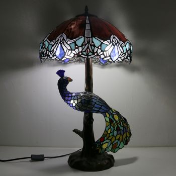 LongHuiJing 16In Dragonfly Stained Glass Lampshade Desk Lamp Tiffany Style Table Lamps With Glass Peacock and Tree Base