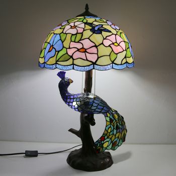 LongHuiJing 16In Butterfly Stained Glass Lampshade Desk Lamp Tiffany Style Table Lamps With Glass Peacock and Tree Base