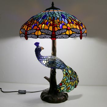 LongHuiJing Dragonfly Stained Glass Lampshade Desk Lamp Tiffany Style Table Lamps With Glass Peacock and Tree Base