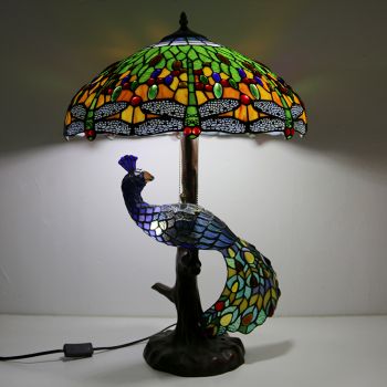 LongHuiJing Blue Dragonfly Stained Glass Lampshade Desk Lamp Tiffany Style Table Lamps With Glass Peacock and Tree Base