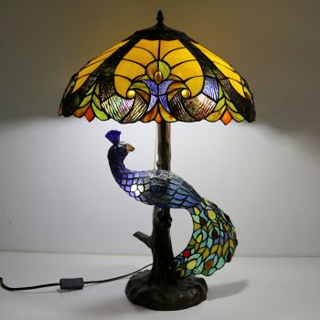 LongHuiJing 18Inch Blue Stained Glass Lampshade Desk Lamp Tiffany Style Table Lamps With Glass Peacock and Tree Base