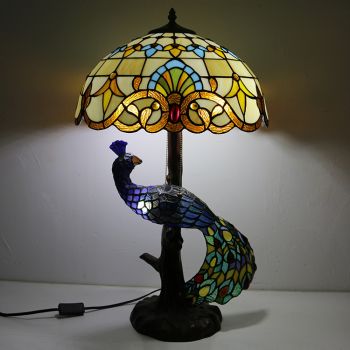 LongHuiJing 16Inch Baroque Stained Glass Lampshade Desk Lamp Tiffany Style Table Lamps With Glass Peacock and Tree Base