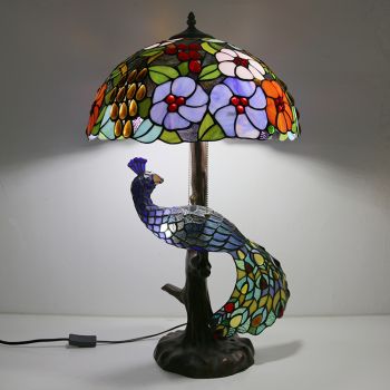 LongHuiJing Tiffany Style Table Lamp With Peacock Base 16Inch Antique Florist Stained Glass Lampshade Table Lighting
