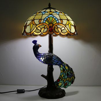 LongHuiJing 16Inch Baroque Stained Glass Lampshade Desk Lamp Tiffany Style Table Lamps With Glass Peacock and Tree Base