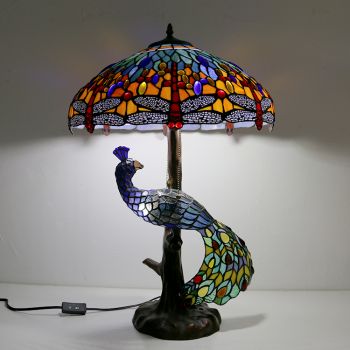 LongHuiJing Dragonfly Stained Glass Lampshade Desk Lamp Tiffany Style Table Lamps With Glass Peacock and Tree Base
