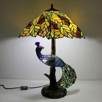 LongHuiJing Yellow Leaf Stained Glass Lampshade Desk Lamp Tiffany Style Table Lamps With Glass Peacock and Tree Base