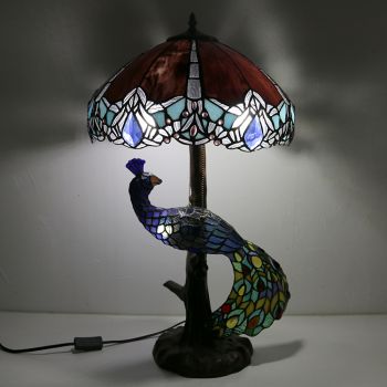 LongHuiJing 16In Dragonfly Stained Glass Lampshade Desk Lamp Tiffany Style Table Lamps With Glass Peacock and Tree Base