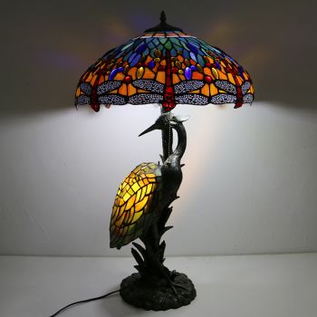 LongHuiJing Handmade Stained Glass Table Lamp 18Inch Tiffany Style Male Bird Desk Lamp Yellow Dragonfly Glass Lampshade 