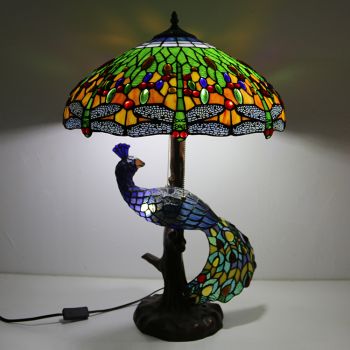 LongHuiJing Blue Dragonfly Stained Glass Lampshade Desk Lamp Tiffany Style Table Lamps With Glass Peacock and Tree Base