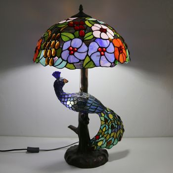LongHuiJing Tiffany Style Table Lamp With Peacock Base 16Inch Antique Florist Stained Glass Lampshade Table Lighting