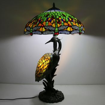 LongHuiJing Antique Reading Lamp 18Inch Tiffany Style Male Bird Desk Lamp Blue Dragonfly Glass Lampshade Lights