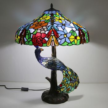 LongHuiJing Colourful Stained Glass Lampshade Desk Lamp Tiffany Style Table Lamps With Glass Peacock and Tree Base