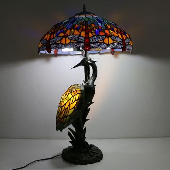 LongHuiJing Handmade Stained Glass Table Lamp 18Inch Tiffany Style Male Bird Desk Lamp Yellow Dragonfly Glass Lampshade 