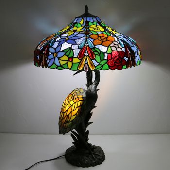 LongHuiJing Antique Reading Lamp 18Inch Tiffany Style Male Bird Desk Lamp Colourful Florist Glass Lampshade Lights