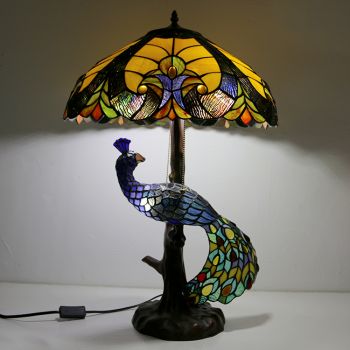 LongHuiJing 18Inch Blue Stained Glass Lampshade Desk Lamp Tiffany Style Table Lamps With Glass Peacock and Tree Base