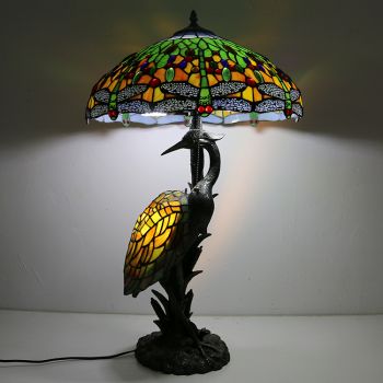 LongHuiJing Antique Reading Lamp 18Inch Tiffany Style Male Bird Desk Lamp Blue Dragonfly Glass Lampshade Lights
