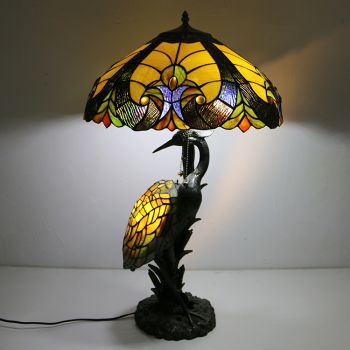 LongHuiJing 18Inch Tiffany Style 3-Light Table Lamp Vintage Green Dragonfly Stained Glass Desk Lamp with Bird Night