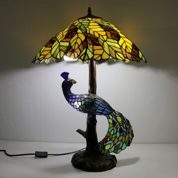 LongHuiJing Yellow Leaf Stained Glass Lampshade Desk Lamp Tiffany Style Table Lamps With Glass Peacock and Tree Base