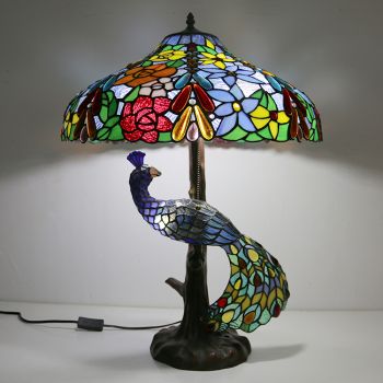 LongHuiJing Colourful Stained Glass Lampshade Desk Lamp Tiffany Style Table Lamps With Glass Peacock and Tree Base